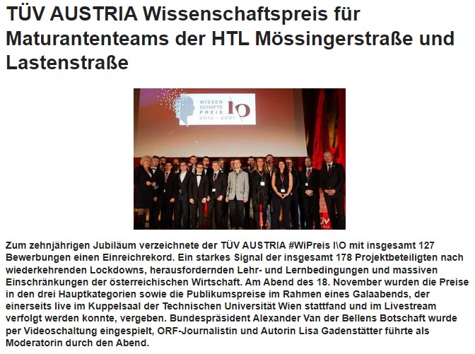 TÜV AUSTRIA Wissenschaftspreis für Maturantenteams der HTL Mössingerstraße und Lastenstraße